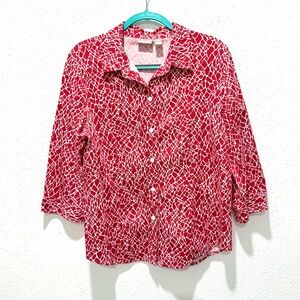 Chico's Cotton blend 3/4 sleeve Red and White Button Down Shirt 12